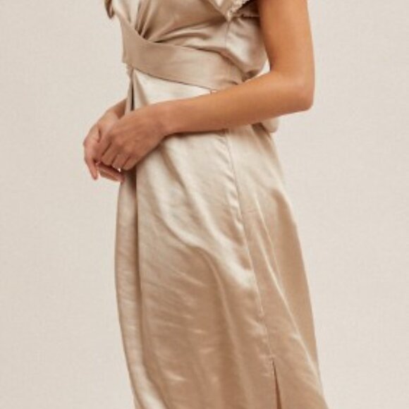 Champagne Hem & Thread V-Neck Satin Wrap Midi Dress - NWT - Picture 4 of 8